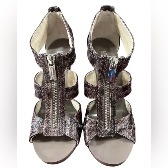 MICHAEL Michael Kors Front Zip Brown Reptile Strappy Leather Heeled Sandals, 7 - Picture 3 of 10